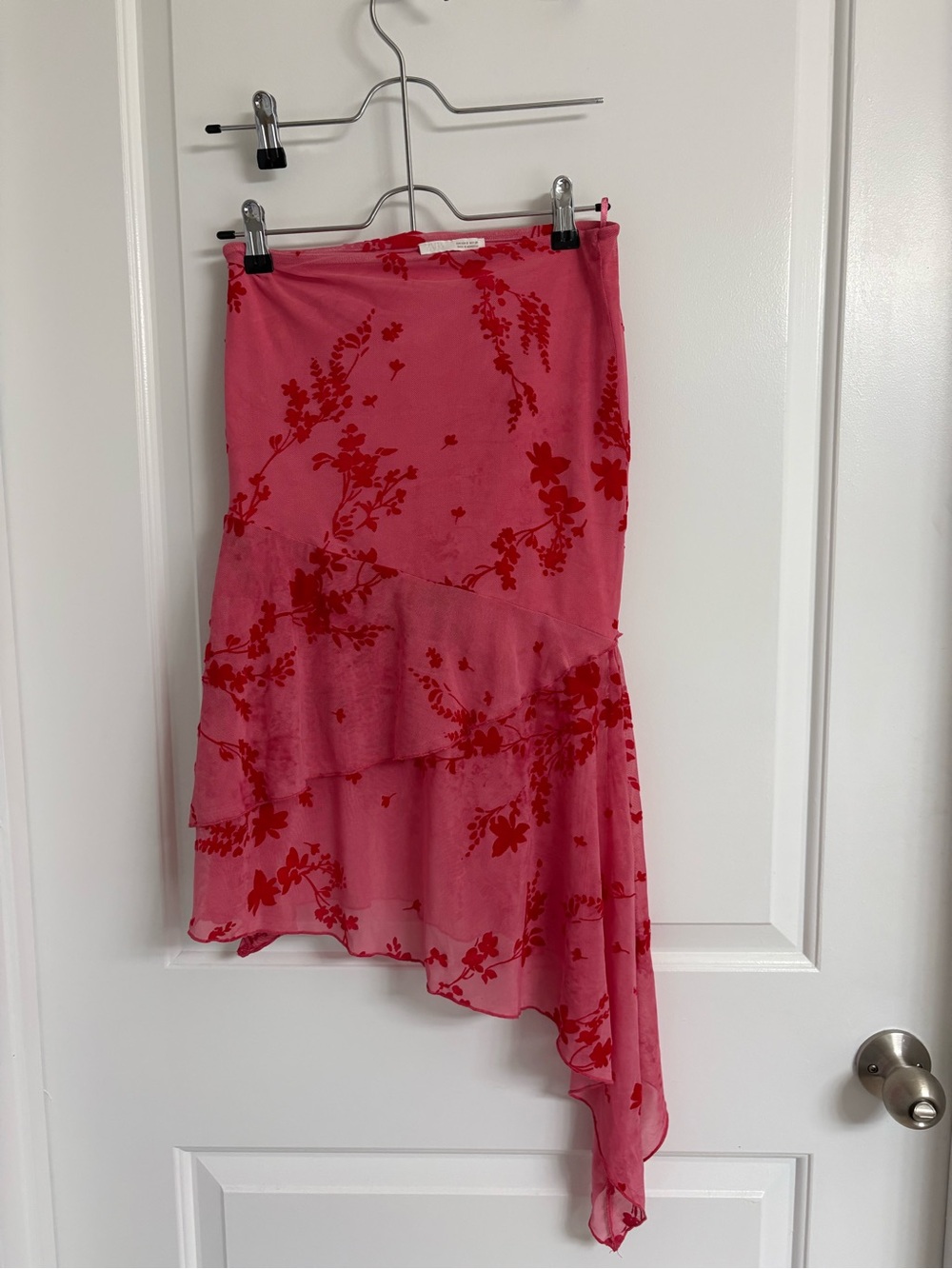 Zara Asymmetric Pink Floral Tiered Skirt